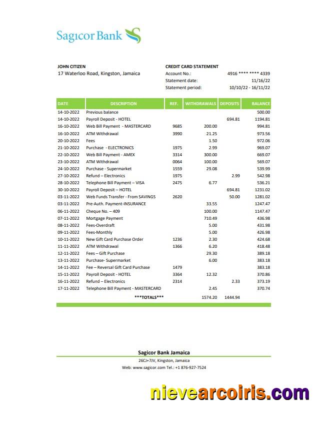 Jamaica Sagicor Bank statement